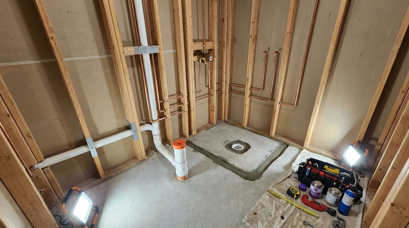 Bathroom rough-in plumbing during remodel by Johns Plumbing LLC in Fergus Falls