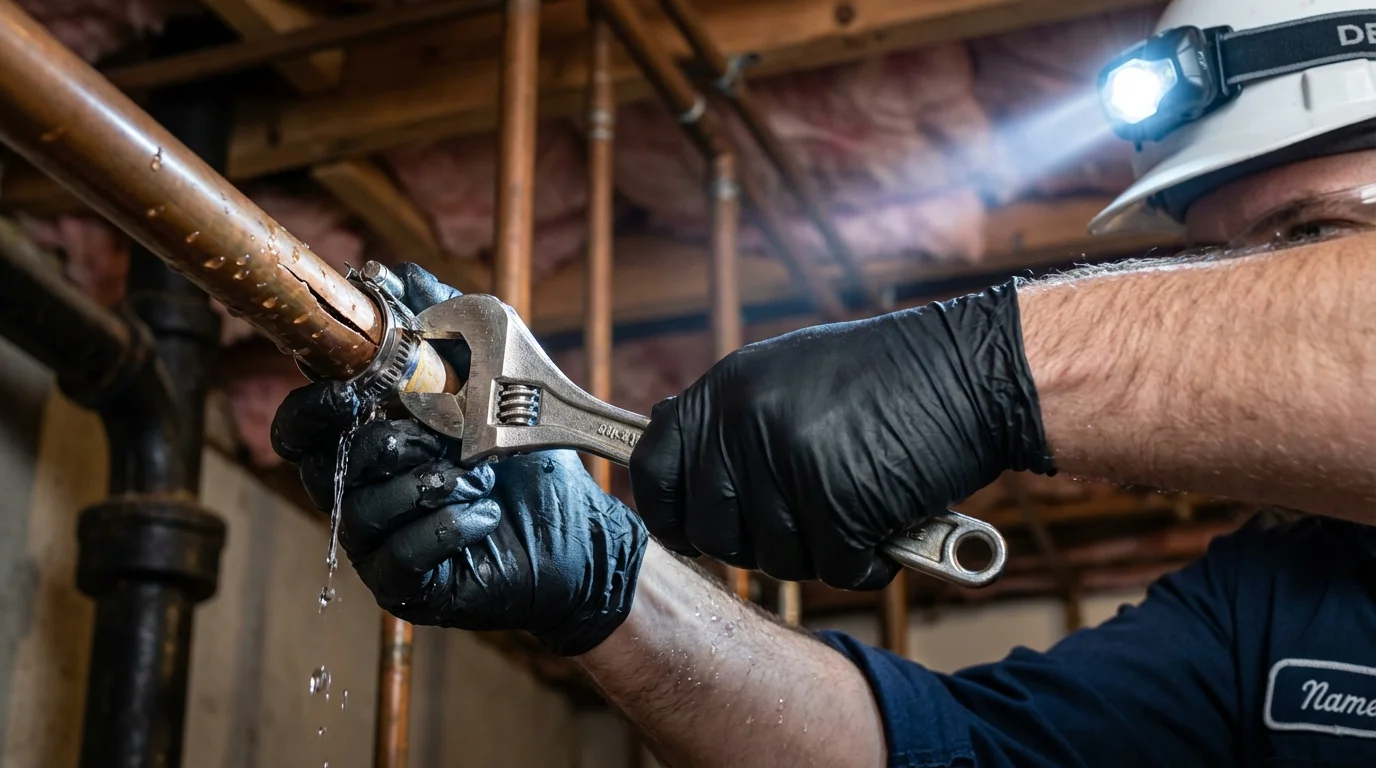 Emergency pipe clamp repair being performed by a Johns Plumbing LLC plumber in Fergus Falls