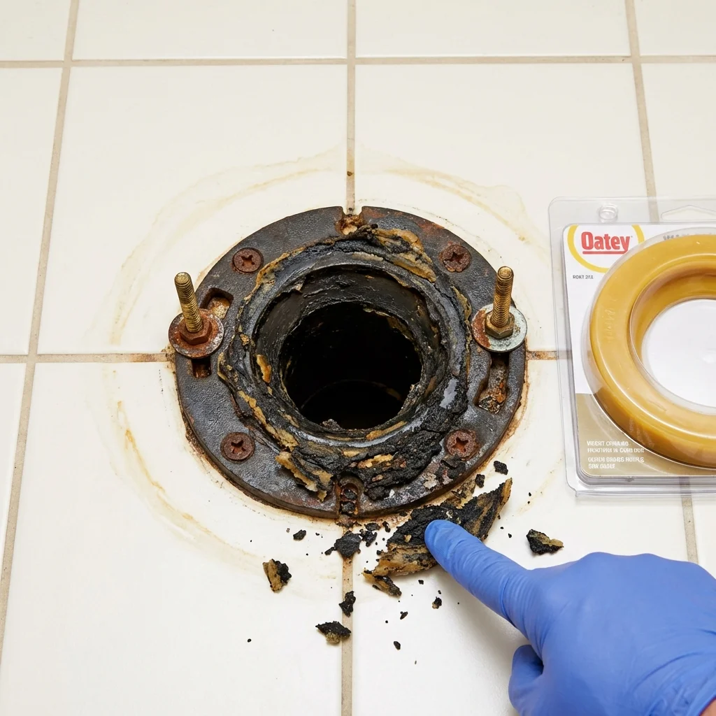 Failed wax ring showing water seepage at the base of a toilet in a Fergus Falls, MN home