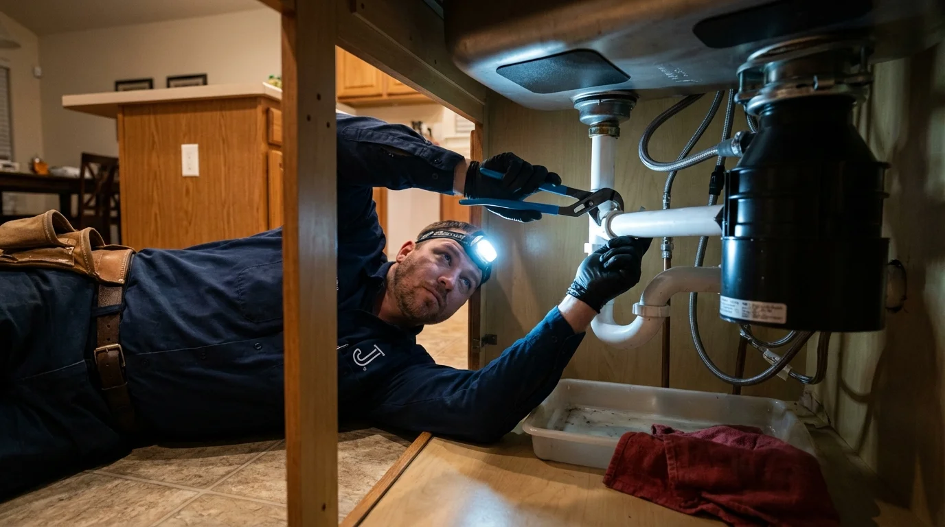 P-trap and supply line connections under a kitchen sink showing a common leak point in Fergus Falls, MN